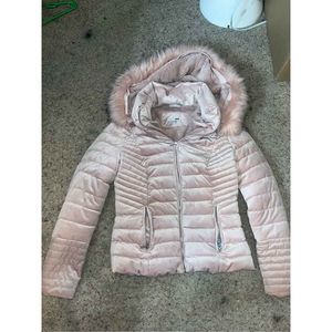 Fashion Nova Always Ready Light Pink Velvet Puffer Jacket With Faux Fur Hood Siz